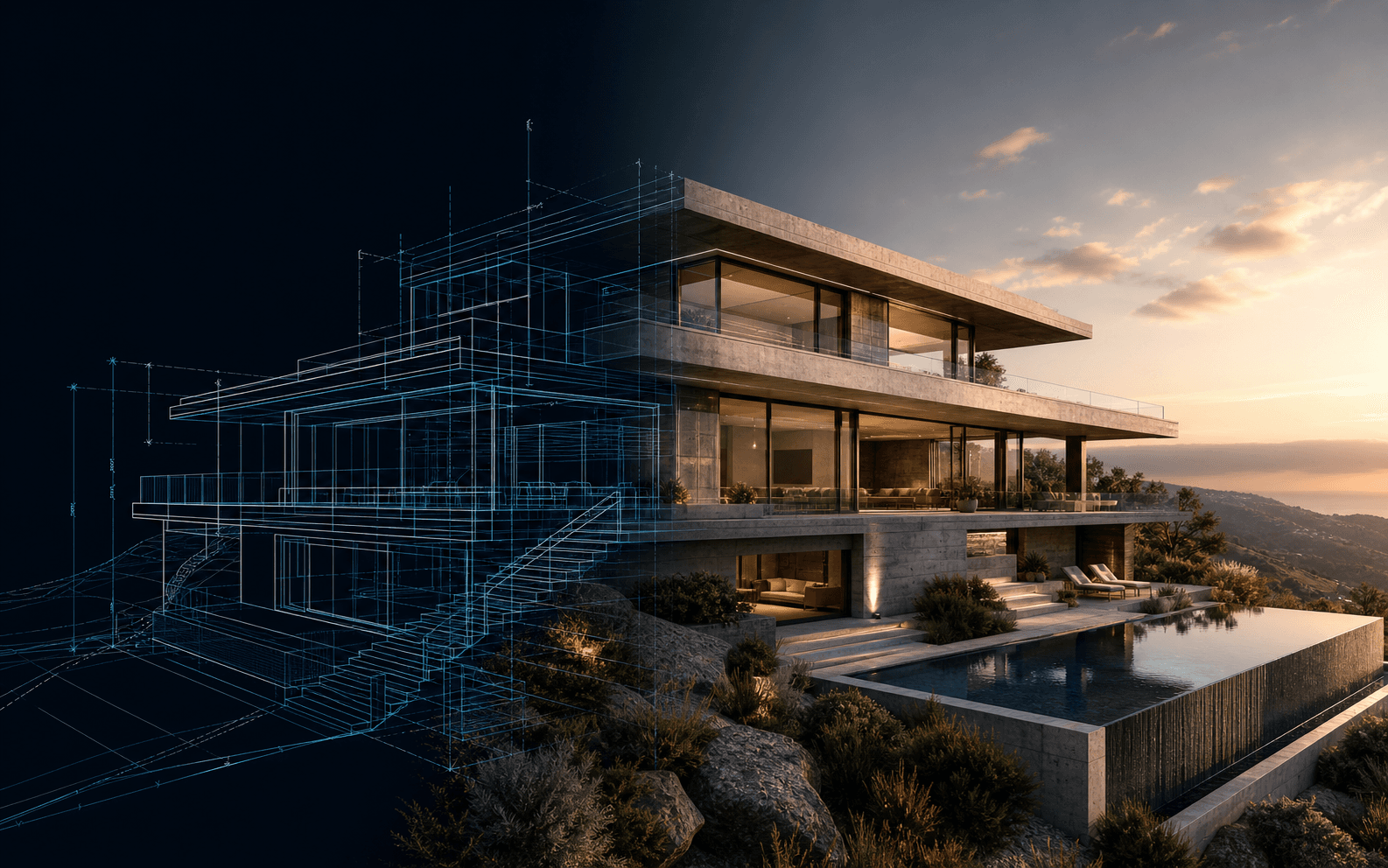 LayerHouse AI render editor for architects: an architectural render with its underlying wireframe geometry preserved during AI render editing